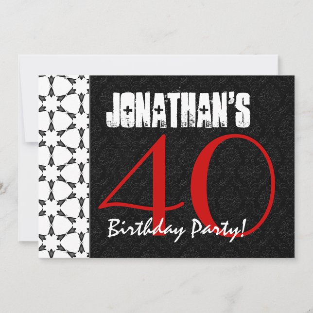 40th Birthday Party Red Black and White Pattern Invitation (Front)
