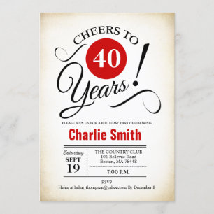 40th Birthday Party -  Red Black White Invitation