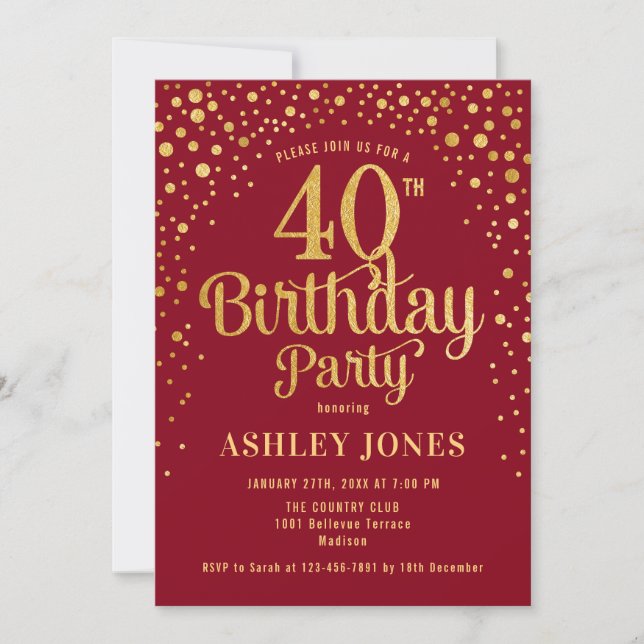 40th Birthday Party - Red & Gold Invitation (Front)