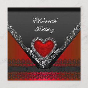 40th Birthday Party Red Heart Jewel Black White Invitation