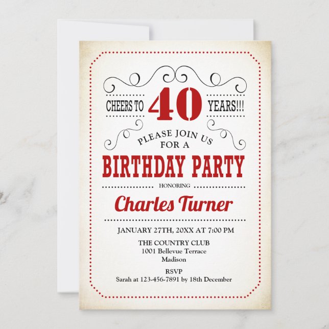 40th Birthday Party - Retro Creamy White and Red Invitation (Front)