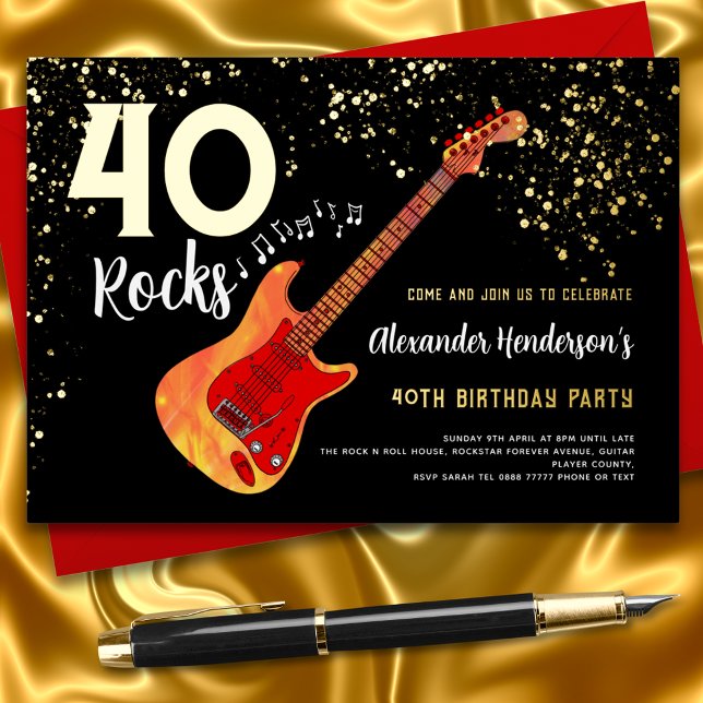 40th Birthday Party Rock and Roll Gold Glitter (40 rocks guitar black and gold glitter 40th birthday party invitation )