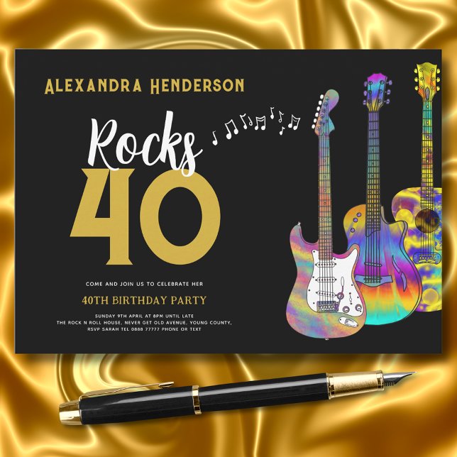 40th Birthday Party Rock and Roll Invitation (guitar music black and gold 40th birthday party invitation )