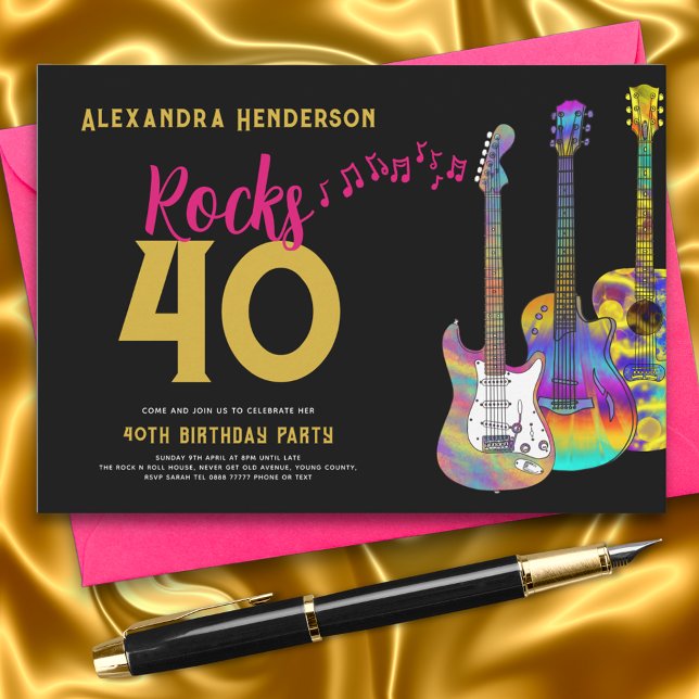 40th Birthday Party Rocks 40 Guitar Pink Gold Invitation (Rock and roll pink black and gold 40th birthday party inviation funky guitar rock)