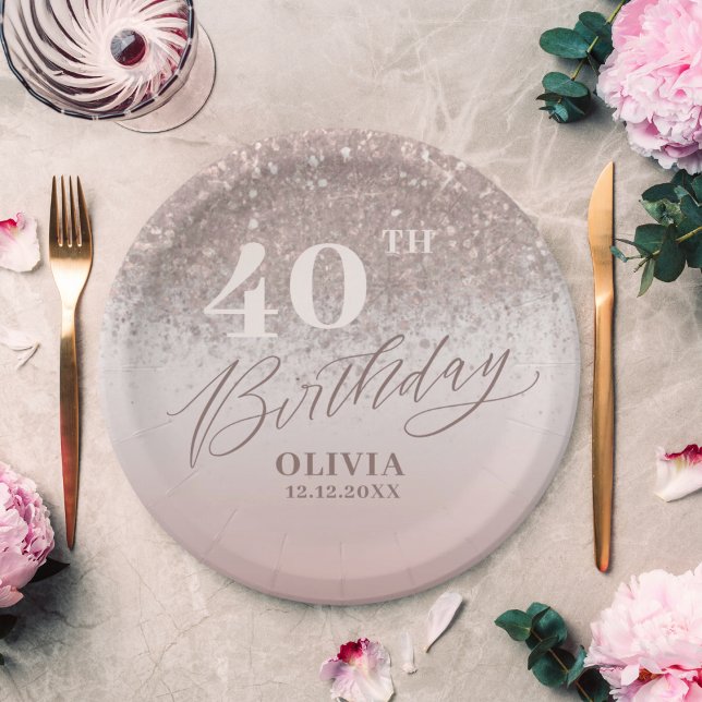40th Birthday Party Rose Gold Glitter Paper Plate (Creator Uploaded)