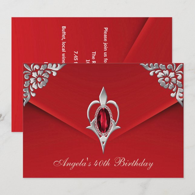 40th Birthday Party Royal Silver Red Velvet Pearl Invitation (Front/Back)