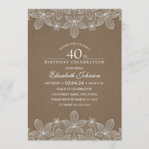 40th Birthday Party Rustic Burlap Pearls and Lace Invitation