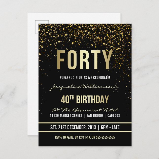 40th Birthday Party | Shimmering Gold Confetti Invitation Postcard (Front/Back)