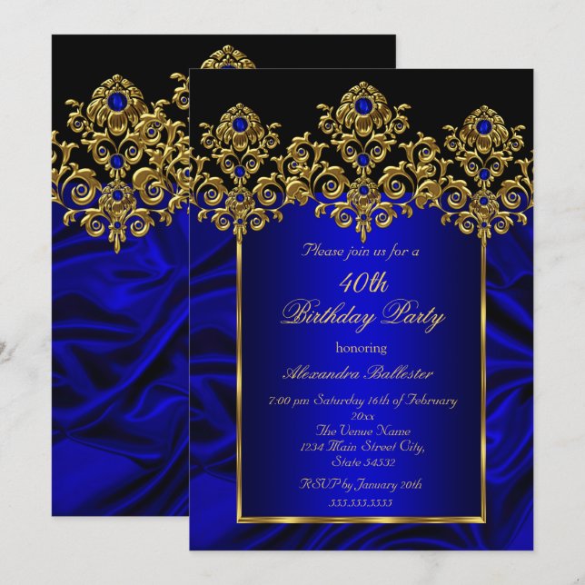40th Birthday Party Silk Royal Blue Gems Gold Invitation (Front/Back)