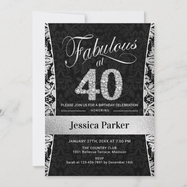 40th Birthday Party - Silver Black Invitation (Front)