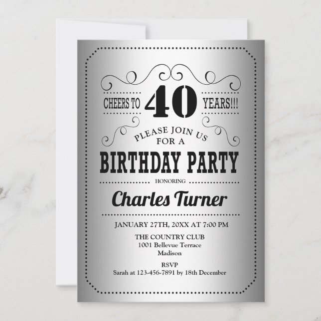 40th Birthday Party - Silver Black Invitation (Front)