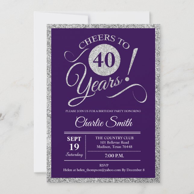 40th Birthday Party - Silver Purple ANY YEAR Invitation (Front)