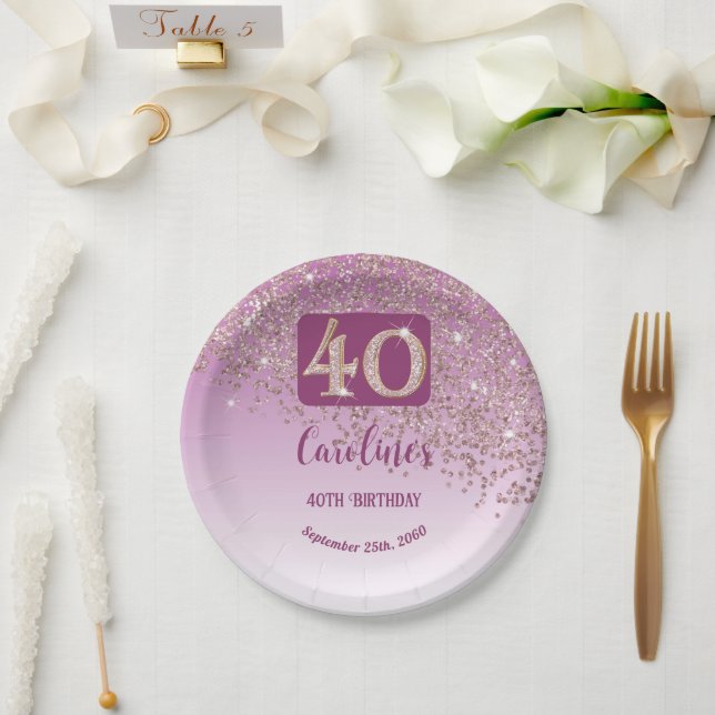 40th Birthday Party Sparkle Rose Gold Glitter Paper Plate (Wedding)