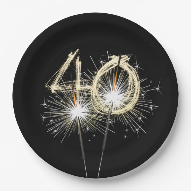 40th Birthday Party Sparklers on Black  Paper Plate (Front)