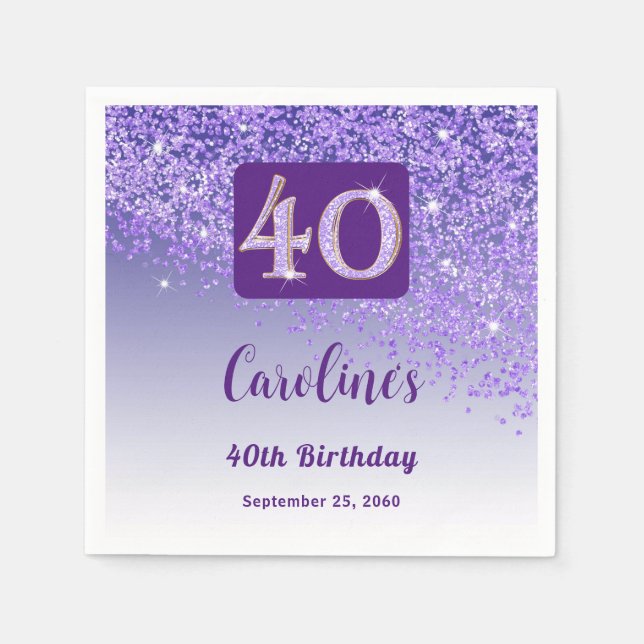 40th Birthday Party Sparkling Purple Glitter Napkin (Front)