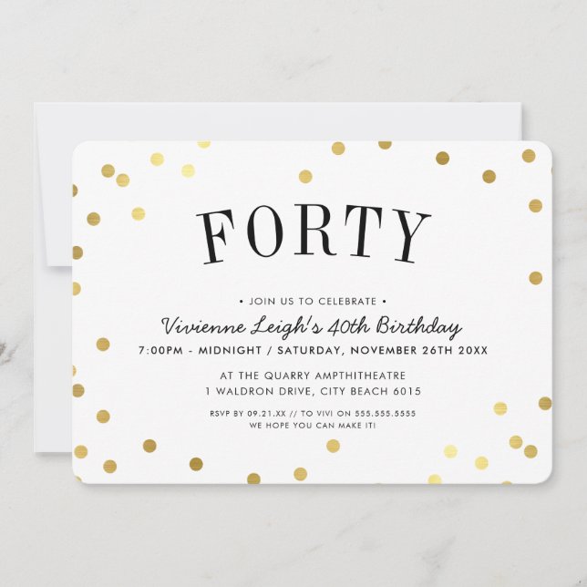 40TH BIRTHDAY PARTY stylish gold confetti spots Invitation (Front)