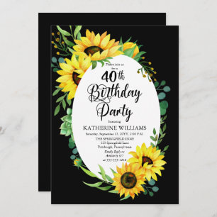 40th Birthday Party Sunflower   Eucalyptus Floral Invitation