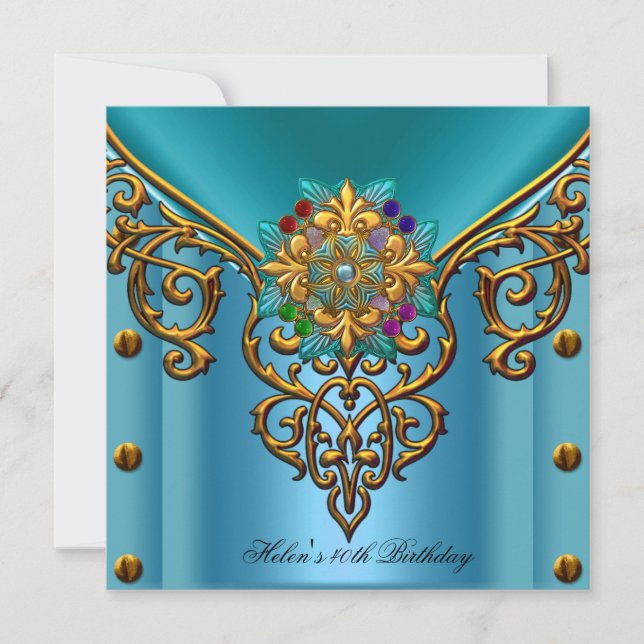 40th Birthday party Teal Blue gold jewel Invitation (Front)