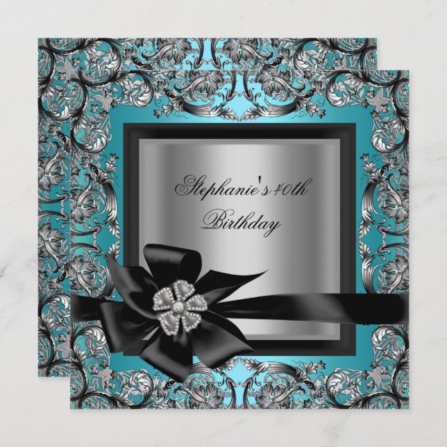40th Birthday Party Teal Blue Silver Black Bow Invitation (Front/Back)
