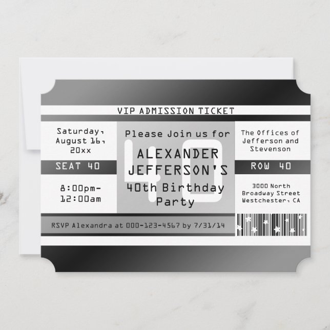 40th Birthday Party Ticket Shaped Invitations (Front)