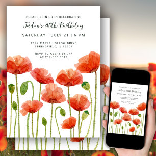 40th Birthday Party Watercolor Floral Poppies Invitation