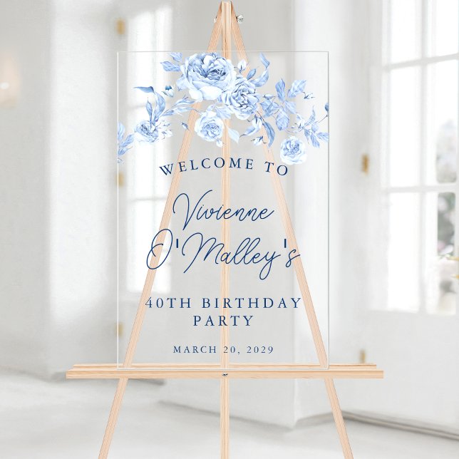 40th Birthday Party Welcome Blue Rose Floral Acrylic Sign (Creator Uploaded)