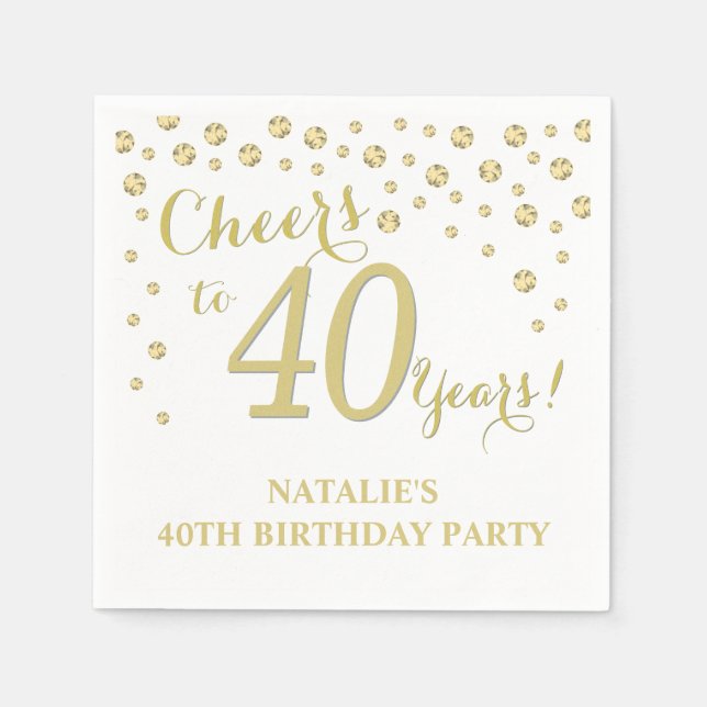 40th Birthday Party White and Gold Diamond Napkin (Front)