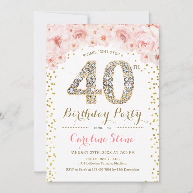 40th Birthday Party White Gold Pink Photo Invitation (Front)