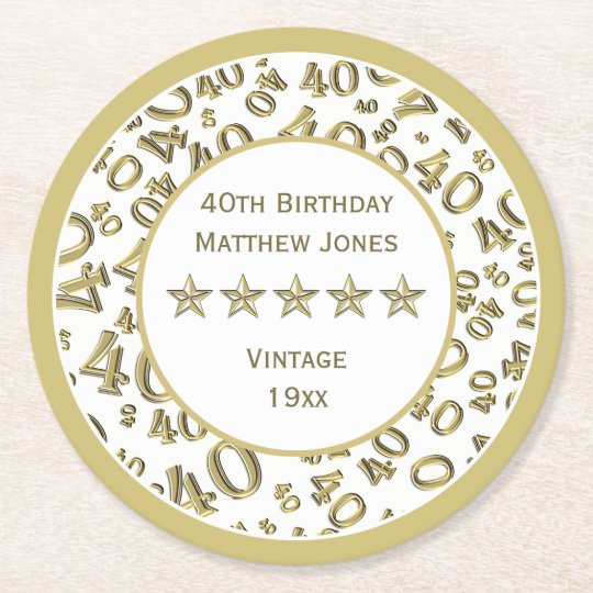 40th Birthday Party White /Gold Round Pattern Round Paper Coaster