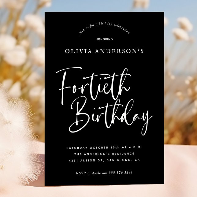 40th Birthday Party | White on Black Typography Invitation (Creator Uploaded)