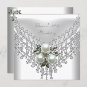 40th Birthday Party White Pearl Diamond Jewel Invitation