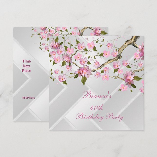 40th Birthday Party White Pink Blossoms floral 2 Invitation (Front/Back)