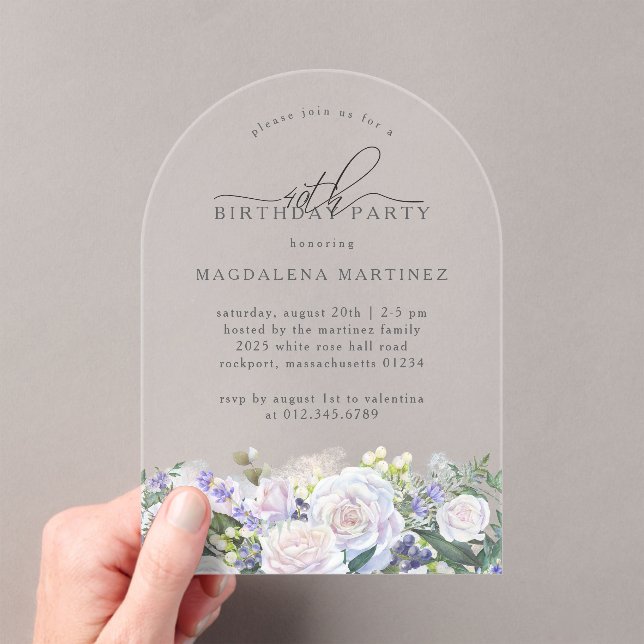 40th Birthday Party White Rose Blue Floral Arch Acrylic Invitations (Insitu (Handheld))