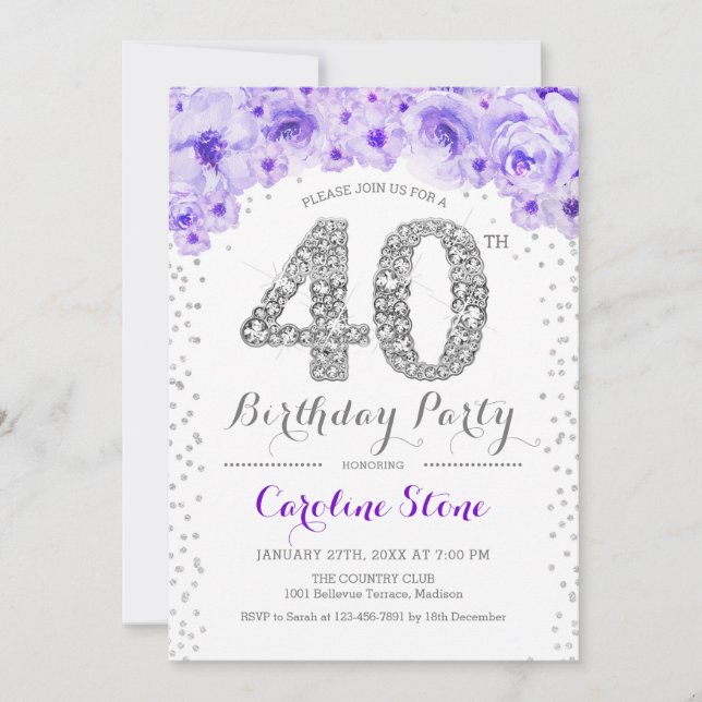 40th Birthday Party - White Silver Purple Invitation (Front)