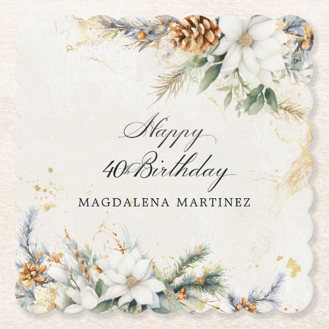 40th Birthday Party White Winter Floral Custom Paper Coaster (Front)