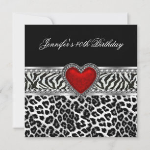 40th Birthday Party Zebra Black White Leopard Red Invitation