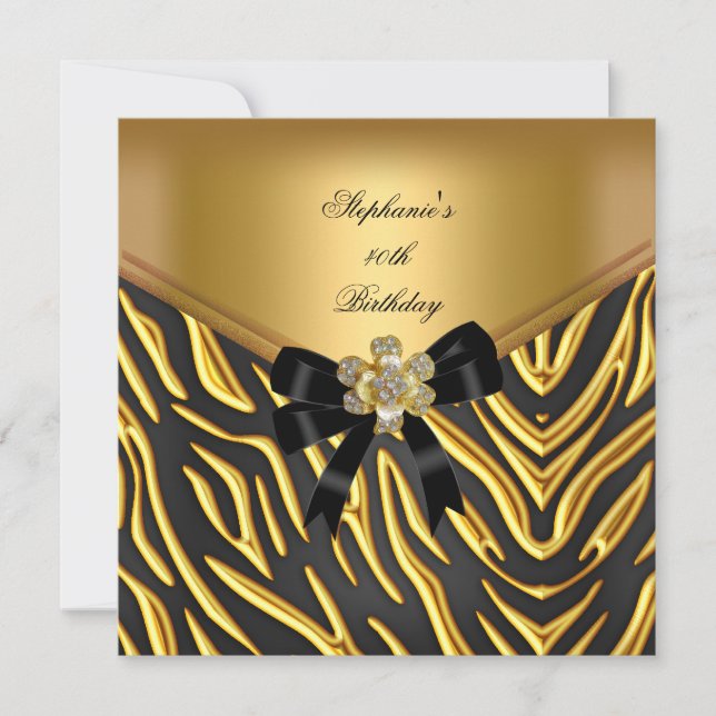40th Birthday Party Zebra Gold Black Bow Invitation (Front)