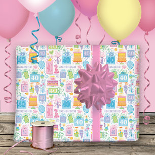40th Birthday Pastel Pink Cake Presents Balloons W Wrapping Paper Sheet