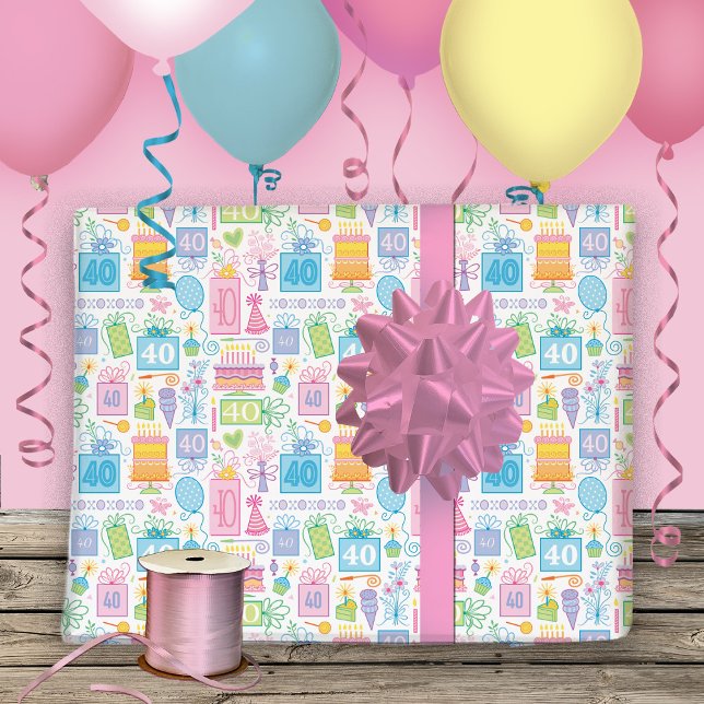 40th Birthday Pastel Pink Cake Presents Balloons W Wrapping Paper Sheet (Creator Uploaded)