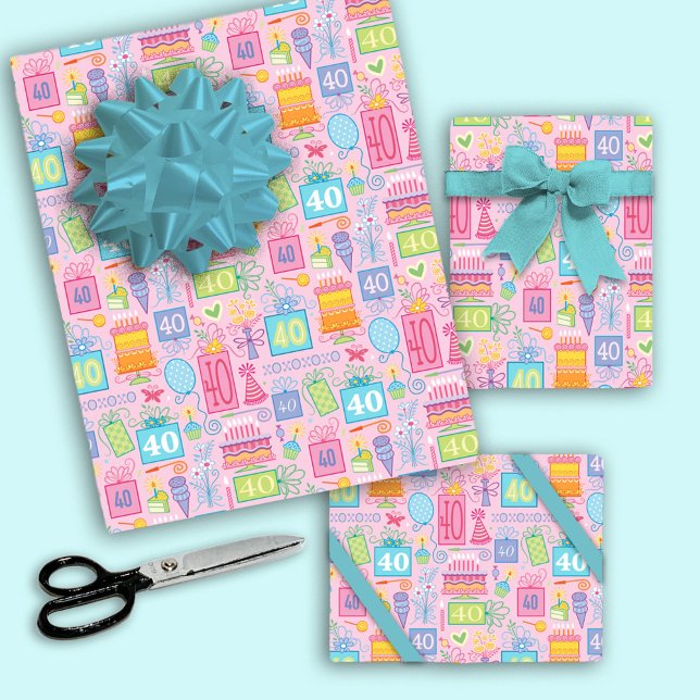 40th Birthday Pastel Pink Cake Presents Balloons  Wrapping Paper Sheet (Creator Uploaded)