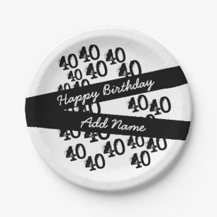 40th Birthday Personalised Funky Black White Paper Plate