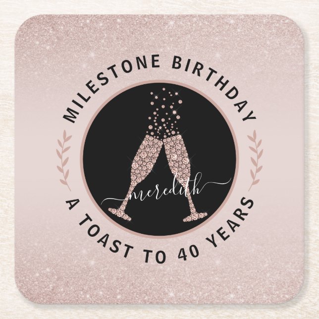 40th Birthday Personalised Glitter Champagne Toast Square Paper Coaster (Front)