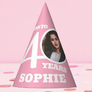 40th birthday personalised photo white light pink party hat