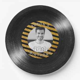 40th Birthday Photo Black and Gold Retro Paper Plate