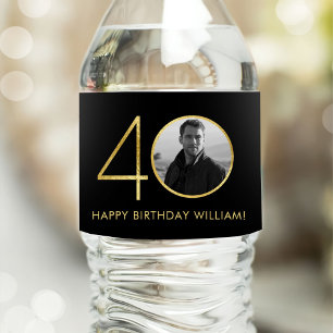 40th Birthday Photo Black And Gold Water Bottle Label