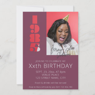 40th birthday photo born in 1985 purple invitation