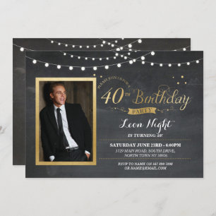 40th Birthday Photo Chalk Rustic Gold Invitation