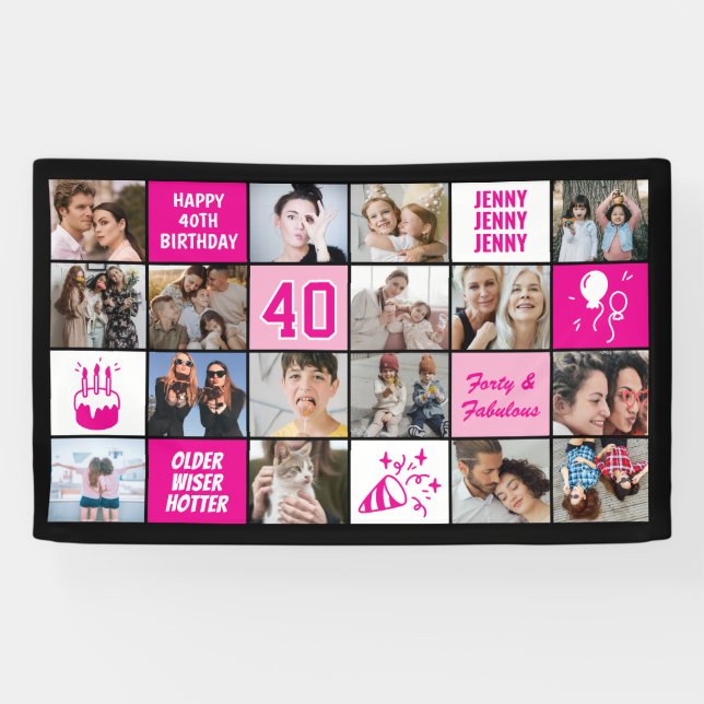 40th Birthday Photo Collage Custom Pink Black Banner (Horizontal)