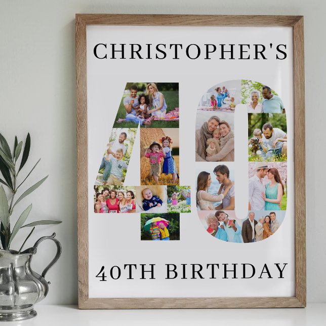 40th Birthday Photo Collage Number 40 Personalised Poster (40th Birthday Poster with number 40 in photos Available professionally printed or printable download)