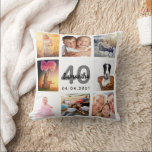 40th birthday photo collage woman white cushion<br><div class="desc">A unique gift for a womans 40th birthday, celebrating her life with a collage of 8 of your own photos, pictures. Personalise and add her name, age 40 and a date. A chic white background. Grey and black letters and numbers. The name is written with a modern hand lettered style...</div>